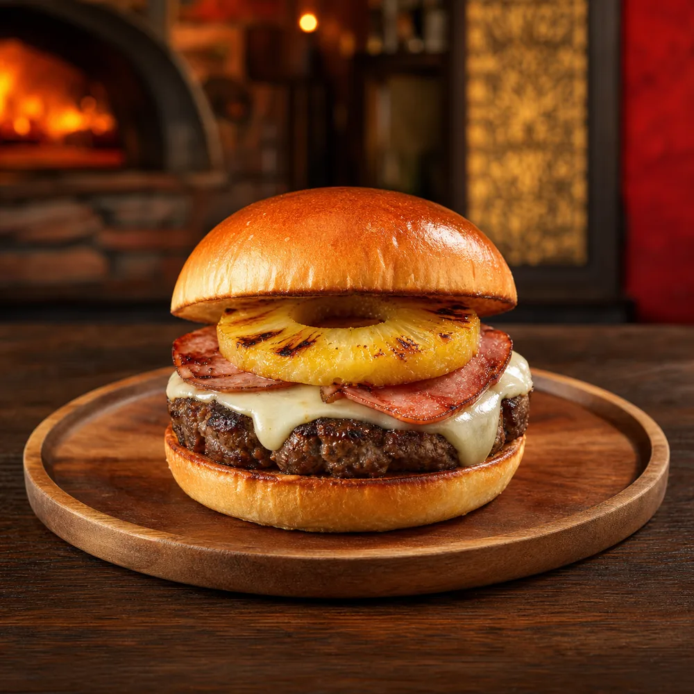 Hamburguesa hawaiana con jamón, queso y piña asada